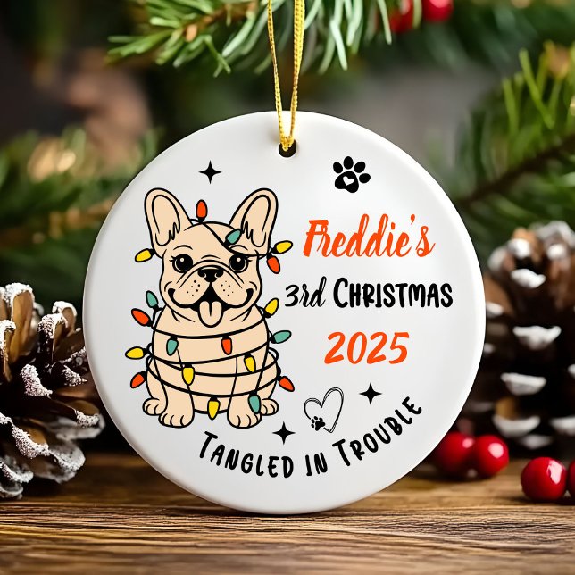 Cute Hand Drawn French Bulldog's First Christmas Julgransprydnad Keramik (Hand drawn custom French Bulldog Ceramic Ornament)