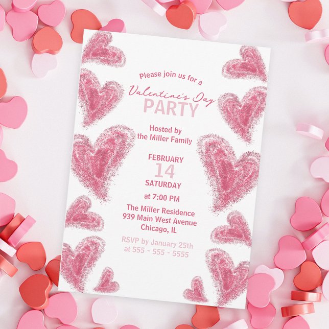 Cute Hand-Drawn Rosa Hearts Valentine Day Party Inbjudningar (Skapare uppladdad)
