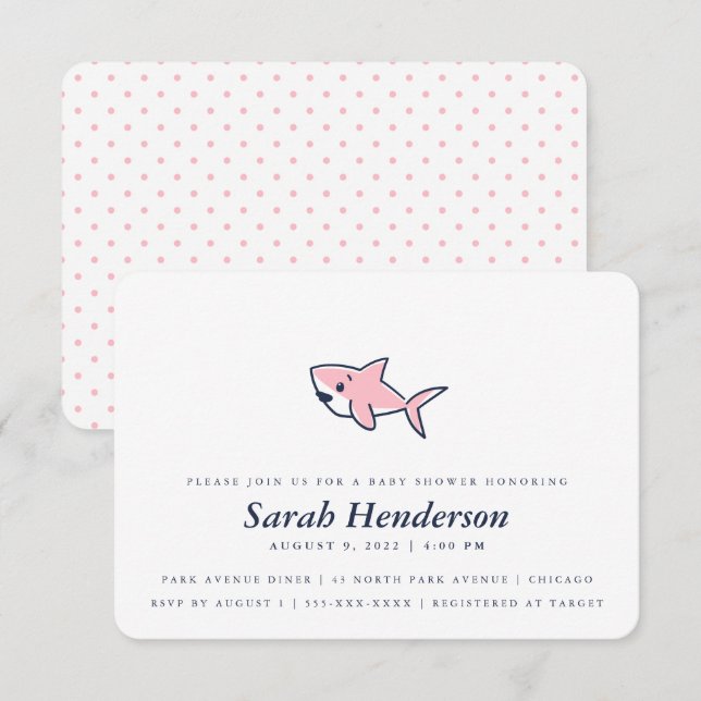 Cute Hand Drawn Rosa Shark Baby Shower Girl Inbjudningar (Fram/baksida)