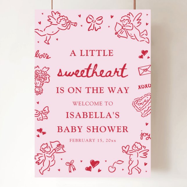 Cute Hand Drawn Valentine Baby Shower Welcome Sign Poster (Cute Hand Drawn Valentine Baby Shower Welcome Sign)