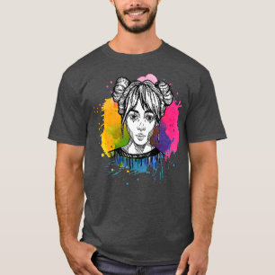 Cute Hand plockade Anime Girl med Färg Slpash T Shirt