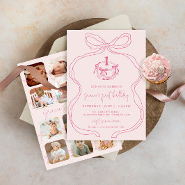 Cute Hand plockade Bow Rosa Girl Girl Photo 1st Bi Inbjudningar