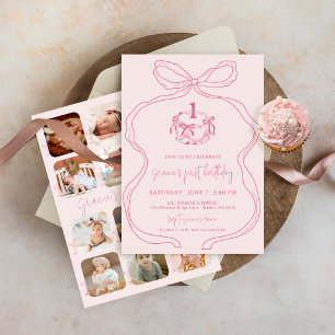 Cute Hand plockade Bow Rosa Girl Girl Photo 1st Bi Inbjudningar