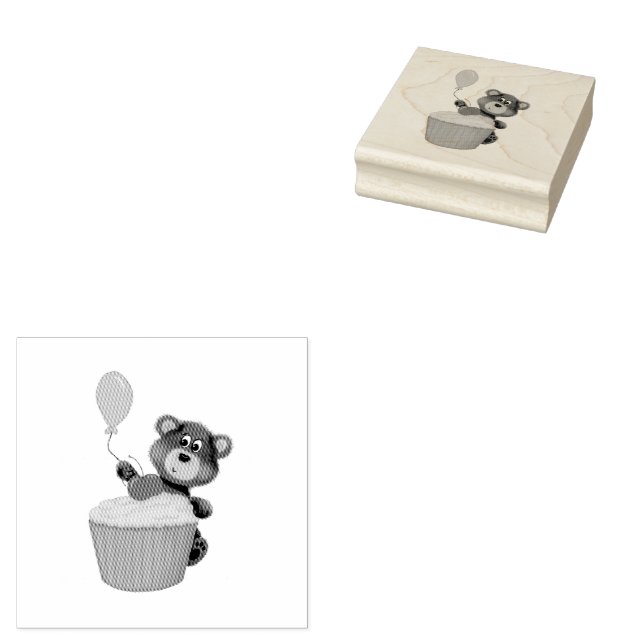 Cute Hand plockade Brown Bear med Ballon och Cupka Stämpel (Stämplad)