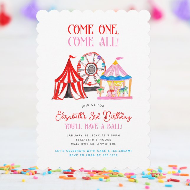 Cute Hand plockade Carnival Circus Birthday Inbjudningar (Cute Hand Drawn Carnival Circus Birthday Invitation)