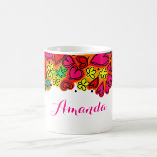 Cute Hand plockade Doodle Hearts and Flowers Kaffemugg