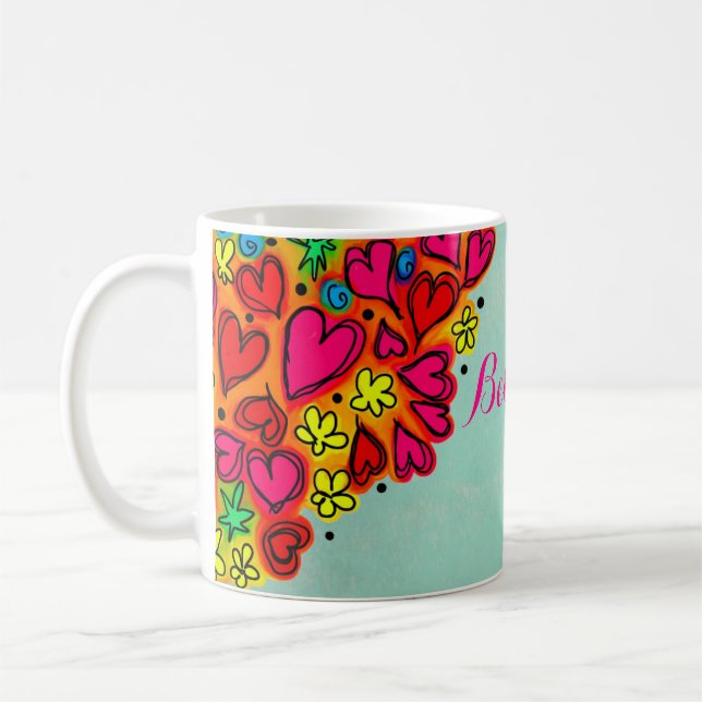 Cute Hand plockade Doodle Hearts and Flowers Kaffemugg (Vänster)