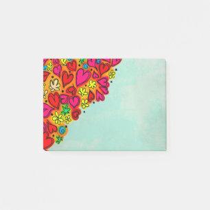 Cute Hand plockade Doodle Hearts and Flowers Post-it Block