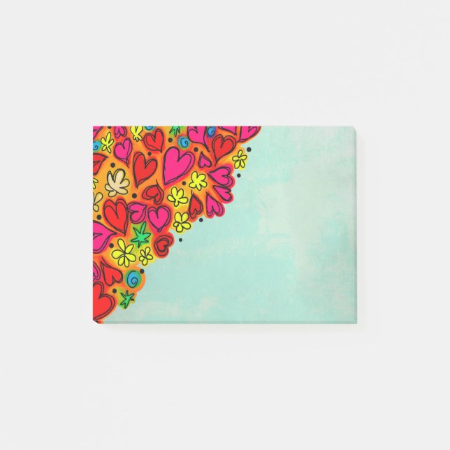 Cute Hand plockade Doodle Hearts and Flowers Post-it Block (Framsida)
