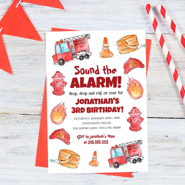 Cute Hand plockade Fire Lastbil Birday Inbjudningar (Cute Hand Drawn Fire Truck Birthday Invitation)