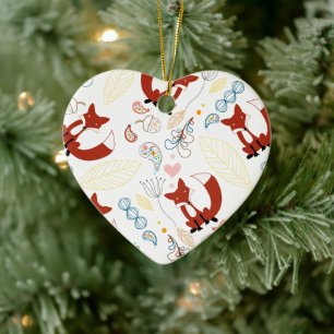 Cute Hand plockade Fox Hearts in Gult Blue Rosa Julgransprydnad Keramik