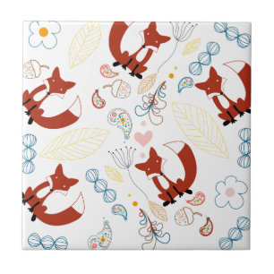 Cute Hand plockade Fox Hearts in Gult Blue Rosa Kakelplatta