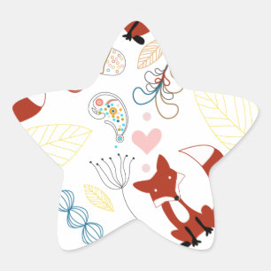 Cute Hand plockade Fox Hearts in Gult Blue Rosa Stjärnformat Klistermärke