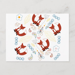 Cute Hand plockade Fox Hearts in Gult Blue Rosa Vykort