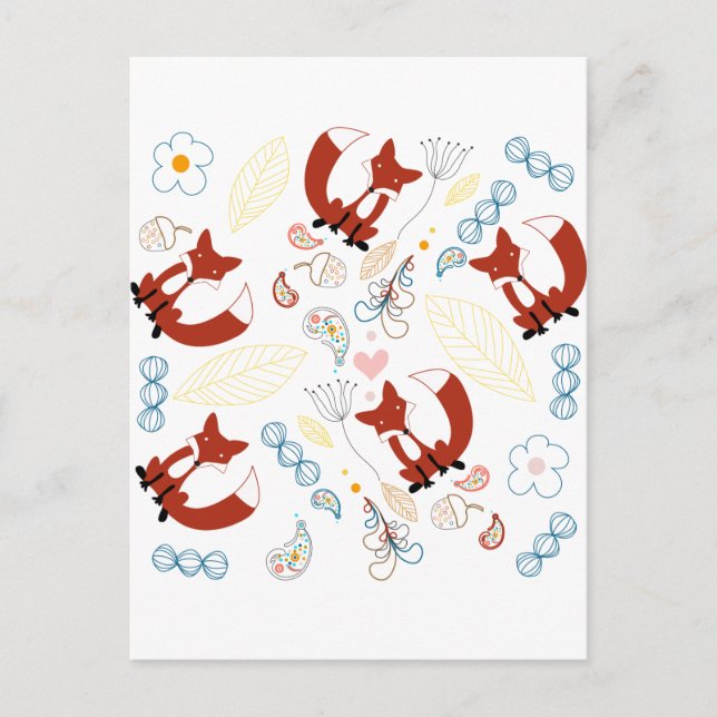 Cute Hand plockade Fox Hearts in Gult Blue Rosa Vykort (Framsida)