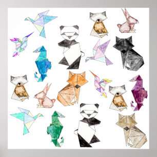 Cute Hand plockade Geometric Papper Origami Animal Poster