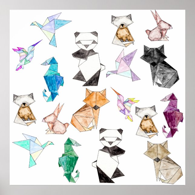 Cute Hand plockade Geometric Papper Origami Animal Poster (Framsidan)