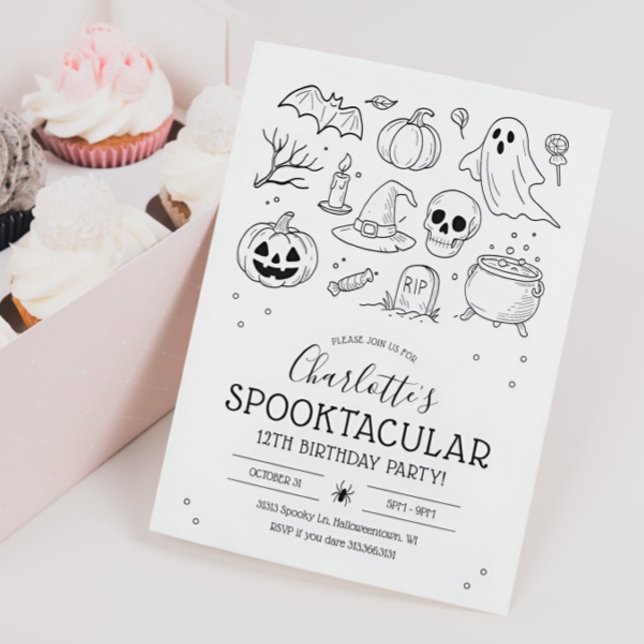 Cute Hand plockade Halloween-Födelsedagsfest Inbjudningar (Hand drawn Halloween Birthday Invitation)