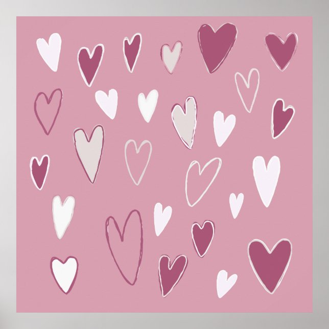 Cute Hand plockade Hearts Rosa White Poster (Framsidan)