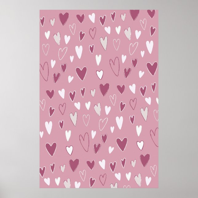 Cute Hand plockade Hearts Rosa White Poster (Framsidan)