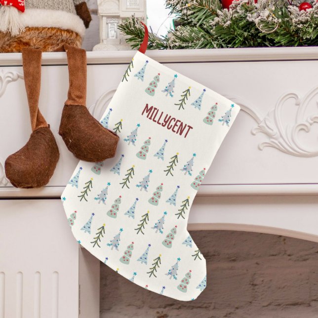 Cute hand plockade Julgranar Liten Julstrumpa (Custom Scandinavian Christmas stocking with Christmas trees and your name)