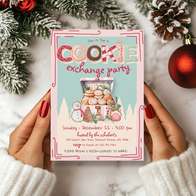 Cute Hand plockade-julkaki Exchange Party Inbjudningar (Cute pink, red, teal hand drawn cookie exchange Christmas Party invitation, cookies, baking)