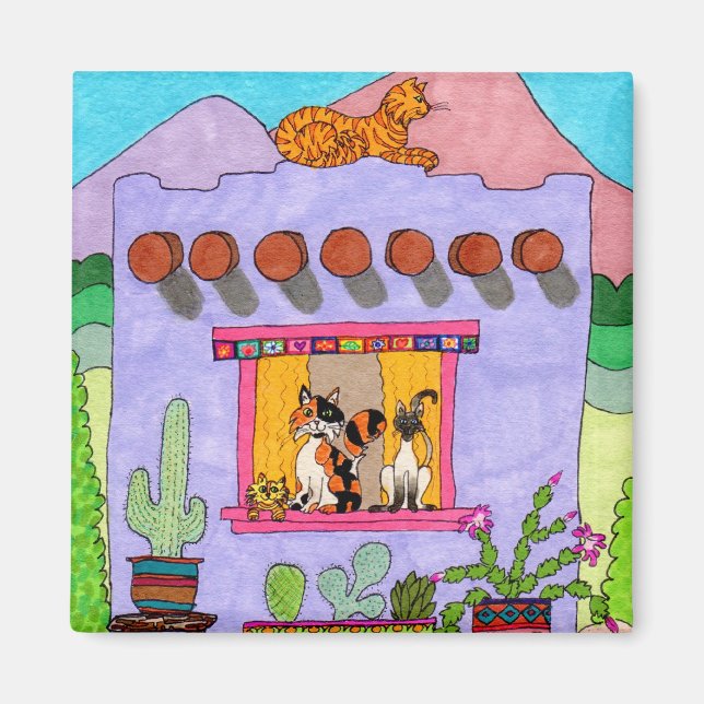 Cute Hand plockade Lila Adobe House Cats Desert Magnet (Framsidan)