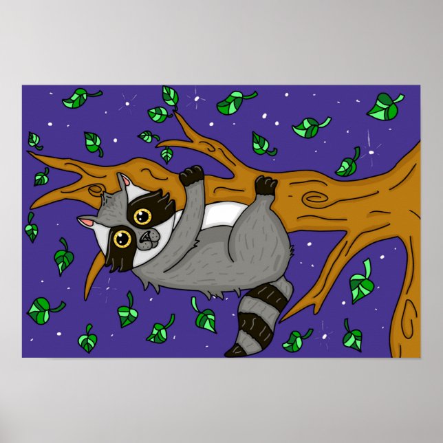 Cute Hand plockade Raccoon Hanging från Träd Gren Poster (Framsidan)