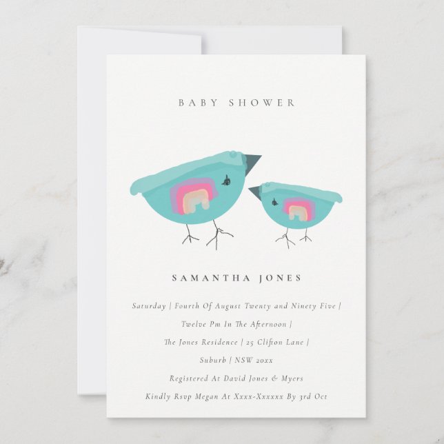 Cute Hand plockade Rainbow Blue Birdy Baby Shower Inbjudningar (Framsida)