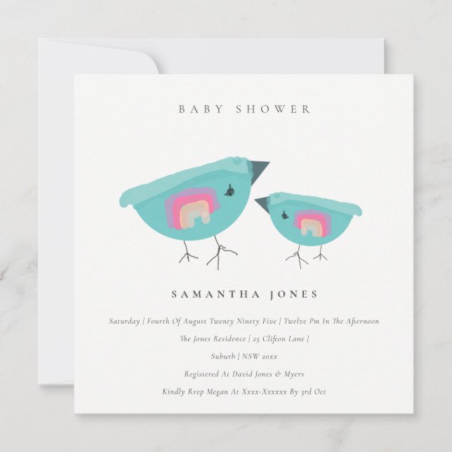 Cute Hand plockade Rainbow Blue Birdy Baby Shower Inbjudningar (Framsida)