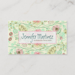 Cute Hand plockade Retro Flowers Grönt & Beige Visitkort