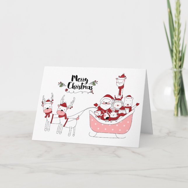 Cute Hand plockade Santa med animaler jul Helgkort (Framsida)
