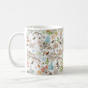 Cute Hand plockade Sketch of Birds and Bird Cages Kaffemugg