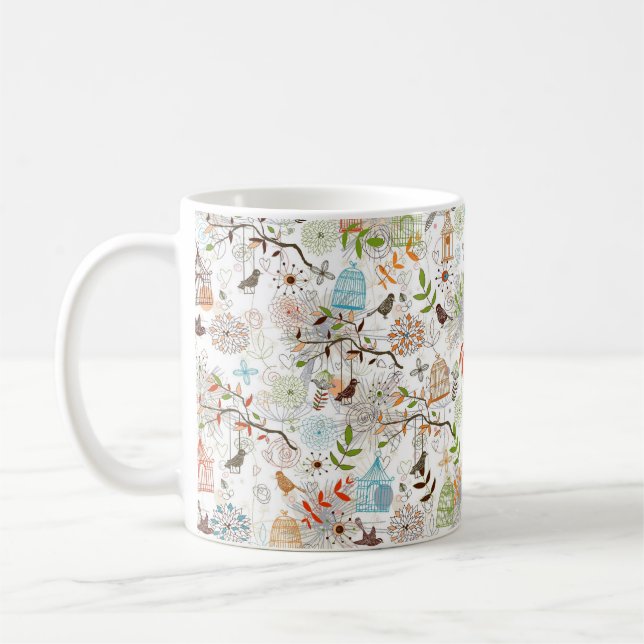 Cute Hand plockade Sketch of Birds and Bird Cages Kaffemugg (Vänster)