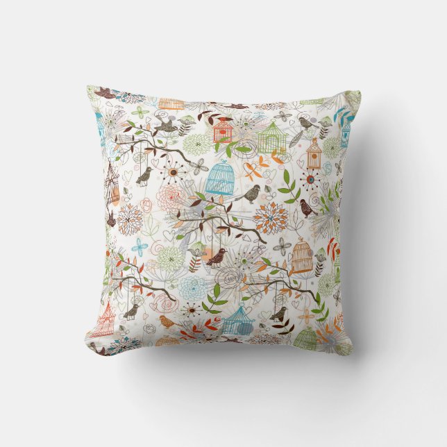 Cute Hand plockade Sketch of Birds and Bird Cages Kudde (Framsida)