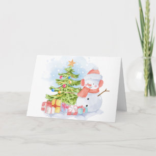 Cute Hand plockade Snögubbe och Träd jul Helgkort