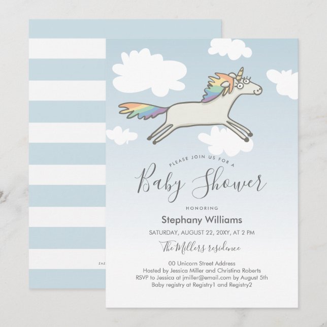 Cute Hand plockade Unicorn Rainbow Baby Shower Inb Inbjudningar (Fram/baksida)