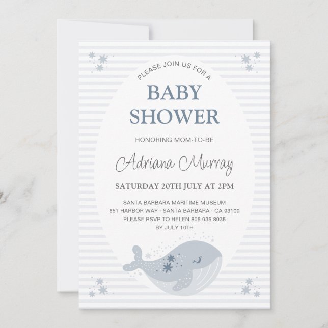 Cute Hand plockade Whale Dusty Blue Baby Shower Inbjudningar (Framsida)