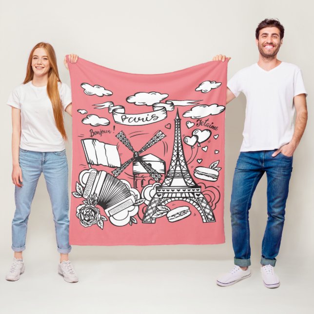 Cute hand sketch Eiffel Torn Paris Frankrike Rosa Fleecefilt (På plats)