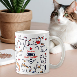 Cute handdragen färglös galen katt dam kaffemugg