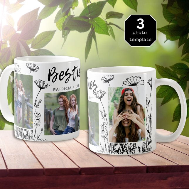 Cute Handdragen Wildblommor 3 Photo Collage Bestie Kaffemugg (Skapare uppladdad)