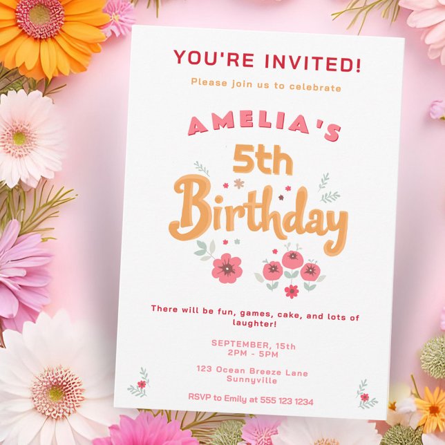 Cute Handlettering Flowers Blommigt Girl's Birthda Inbjudningar (Skapare uppladdad)