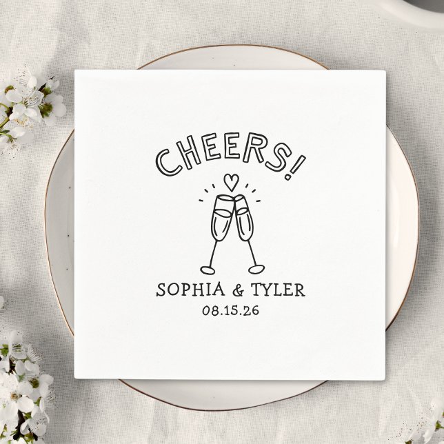 Cute Handskriftlig Cheers enkla anpassade namn Brö Pappersservett (Pop the bubbly! These custom wedding napkins with your names and date add a fun, chic touch! Cheers!)