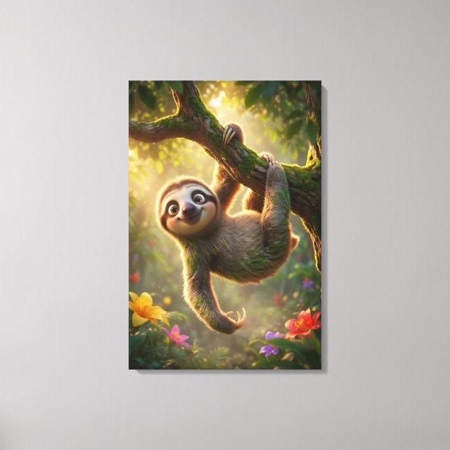 Cute Hanging Sloth 3D Cartoon Jungle Canvas Print (Framsida)
