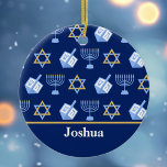 Cute Hanukkah Mönster Blue Monogram Helgdag Julgransprydnad Keramik<br><div class="desc">Vacker Hanukkah-prydnad i söt blå med en coola mönster av judenisstjärnan,  drömidel för roligt Chanukah-spel och den judiska menorah för helgdag.</div>