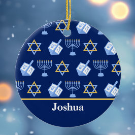 Cute Hanukkah Mönster Blue Monogram Helgdag Julgransprydnad Keramik