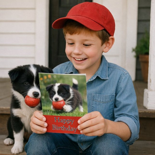 Cute Happy Birthday Border Collie Greeting Card Kort (Joyful birthday moment with a playful pup and a bright, happy card in hand. Template card for kids)