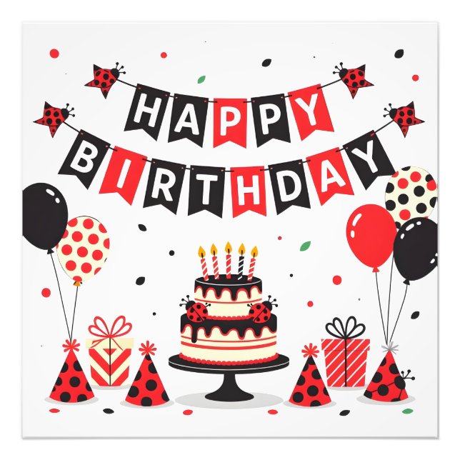 Cute Happy Birthday ladybug theme Fototryck (Framsidan)