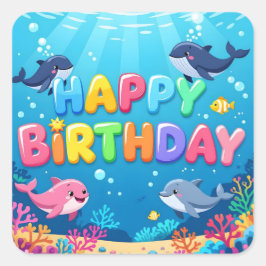 Cute Happy Birthday nautical dolphin Fyrkantigt Klistermärke