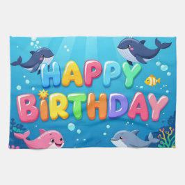 Cute Happy Birthday nautical dolphin Kökshandduk